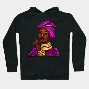 Queen Black is beautiful iii black girl with Gold bangles, neck ring necklace, purple dress and head wrap, brown eyes and dark brown skin ! Hoodie